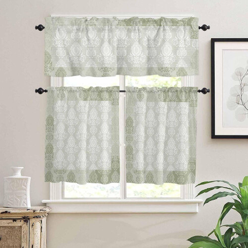Floral Kitchen Curtains Set Rod Pocket 36 inch Boho Sage 1
