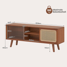 Mueble de TV de bambú con puertas de ratán y cristal, estantes ajustables