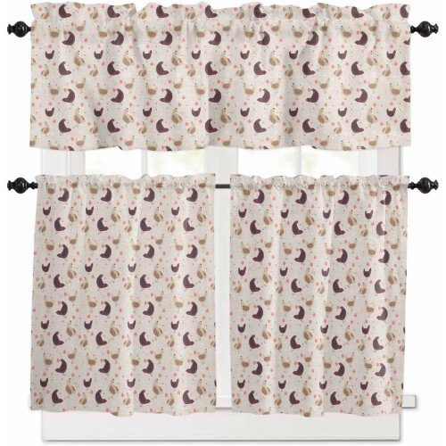 Farm Rooster Kitchen Curtains Set Pink Floral Rustic Tier 1