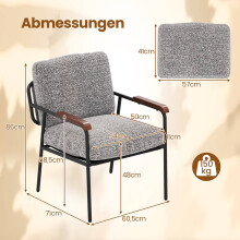 Grijze fauteuil met kussen en brede, gewatteerde zitting.