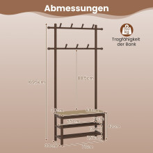 Kapstok met schoenenbankje, bamboe, 2 stangen, 13 haken