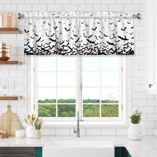 Halloween Bat Window Valance Black White 54x18 Inch 1
