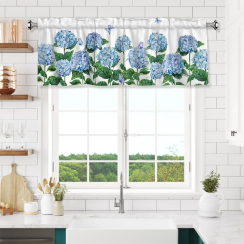 Hydrangea Kitchen Valance Curtains Blue Floral 54x18 inch 1