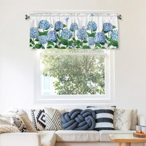 Hydrangea Kitchen Valance Curtains Blue Floral 54x18 inch 2