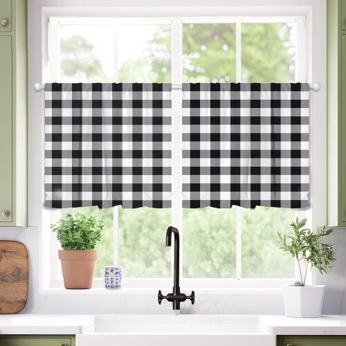 Σετ 3 κουρτινών κουζίνας Buffalo Plaid με μαύρο και άσπρο σκελετό 1