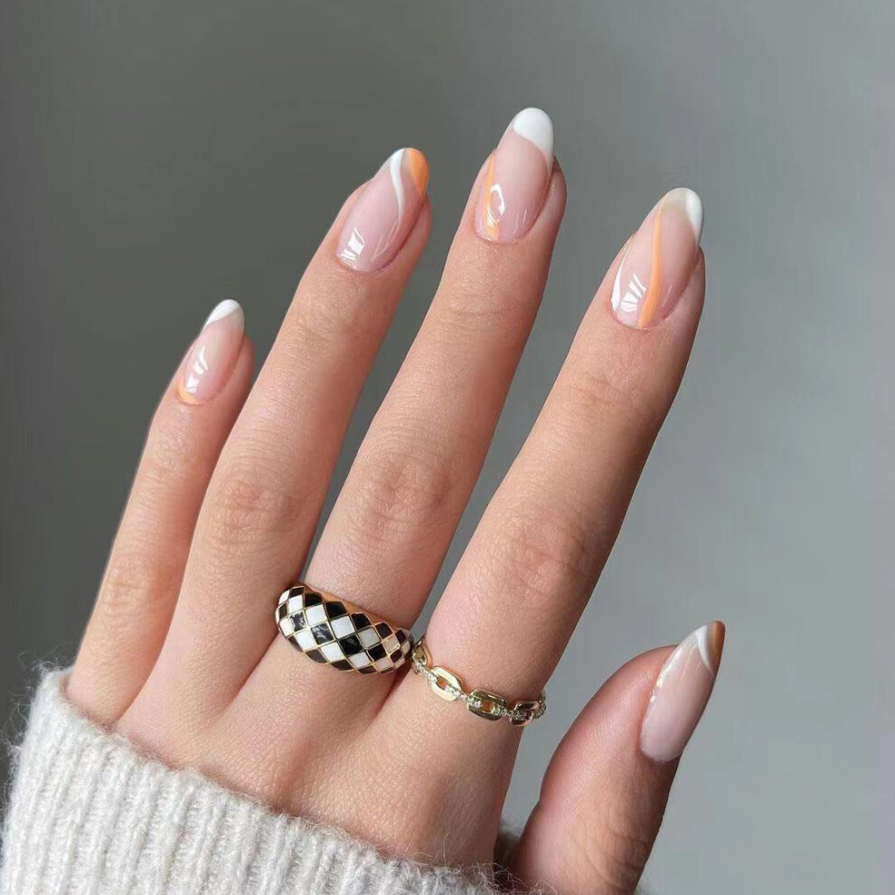 Hue-Grain 24Pcs White Orange Nail Patches, Glue-On, Pointed Tips