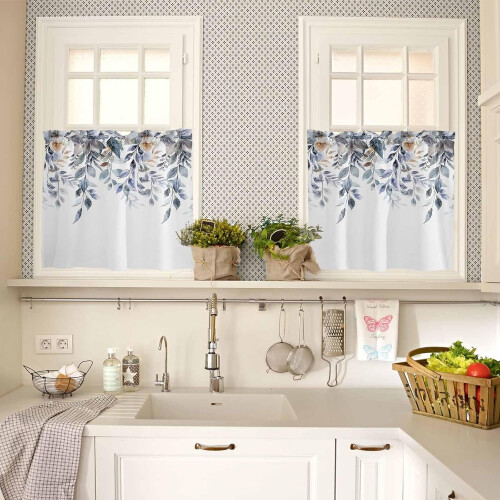 Kitchen Curtains Set Blue Eucalyptus Farmhouse 3-Piece 2