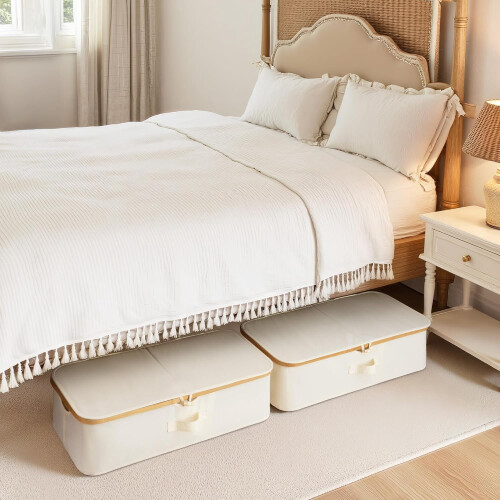 Underbed Storage Box Bamboo Frame 42L Beige 2-Pack 1