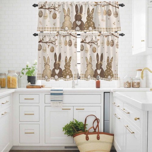 Easter Kitchen Curtains Set Eggs Bunny Brown Plaid Polka 2