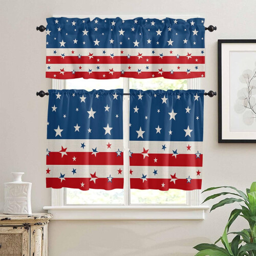 Patriotic Kitchen Curtain Set Red White Blue 3pc 1