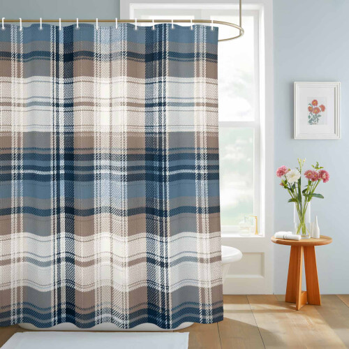 Vattentät duschdraperi med vintagegeometrisk rutig blå 1