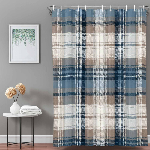Vattentät duschdraperi med vintagegeometrisk rutig blå 2