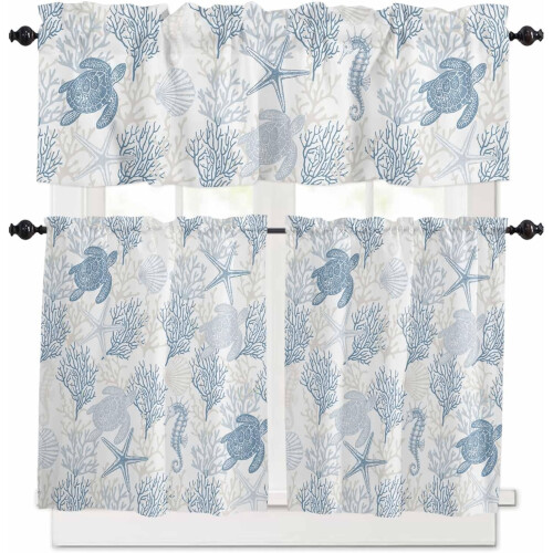 Blue Grey Coastal Kitchen Curtains with Sea Turtle Design 1