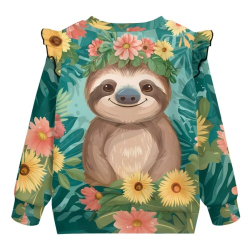 Girls Tropical Sloth Sweatshirt Ruffle Shoulder Size 3-4 1