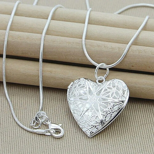 925 Sterling Silver Heart Locket Pendant with Snake Chain 2
