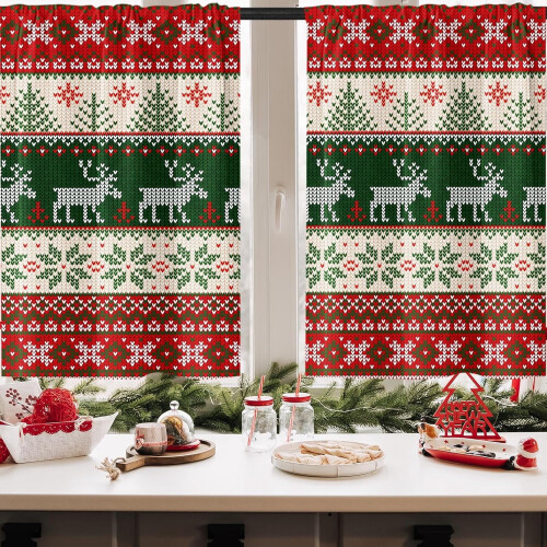 Christmas Kitchen Curtains Set of 2 Red Green Deer Tree 1