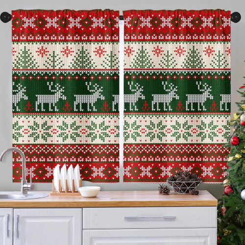 Christmas Kitchen Curtains Set of 2 Red Green Deer Tree 2