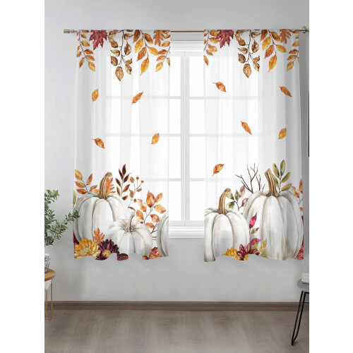 White Thanksgiving Pumpkin Sheer Curtains 52x72 in Fall 1