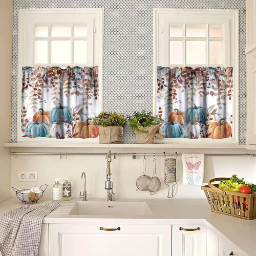 Thanksgiving Kitchen Curtains Set with Pumpkins and 1