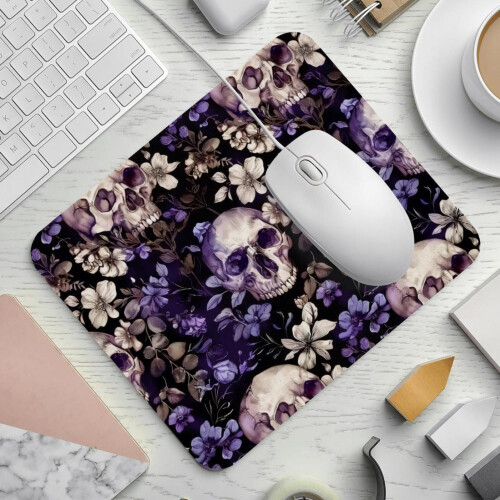 Tappetino per mouse antiscivolo con teschio e fiori viola, 21x25 cm 1