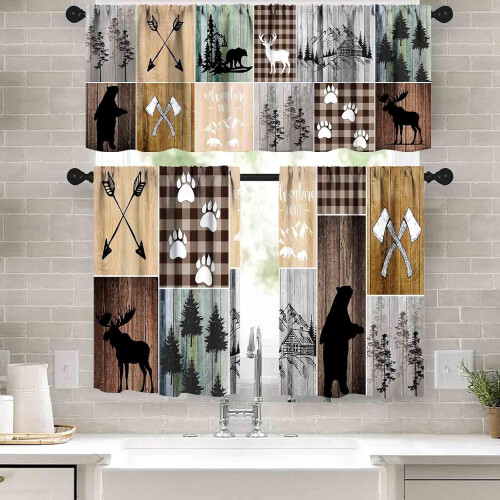 Cabin Kitchen Valance Set Farmhouse Bear Deer Moose Design 1