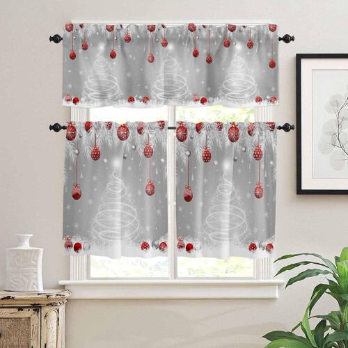 Kitchen Curtains Set Winter Silver Leaves Red Ball 1