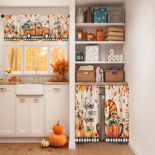 Fall Kitchen Curtains Set Gnome Pumpkin Truck Design 3-Pc 1