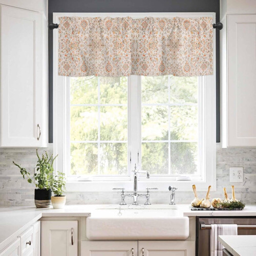 Orange Boho Floral Kitchen Curtains Set Rod Pocket 36 Inch 2