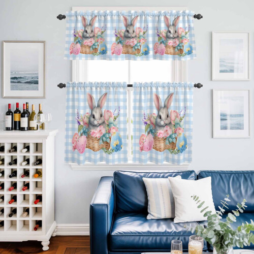 Easter Bunny Kitchen Curtains and Valances Set Pink Blue 1