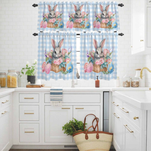 Easter Bunny Kitchen Curtains and Valances Set Pink Blue 2
