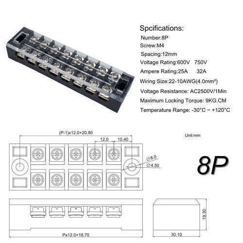 Bornier à vis double rangée 600 V 25 A TB-2508 8 positions 2