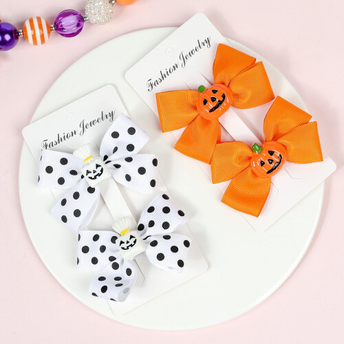 Halloween hair bow with pumpkin bat spider ghost design 2