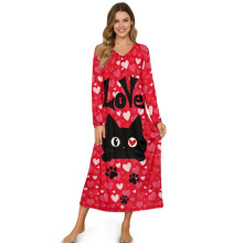 Women's Long Sleeve Nightgown Button Front Ankle-Length Red