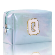 Blue Embroidered Cosmetic Travel Bag with Alphabet Design