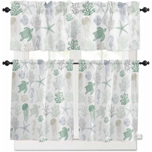 Green Coastal Kitchen Curtains and Valances Set with Rod 1