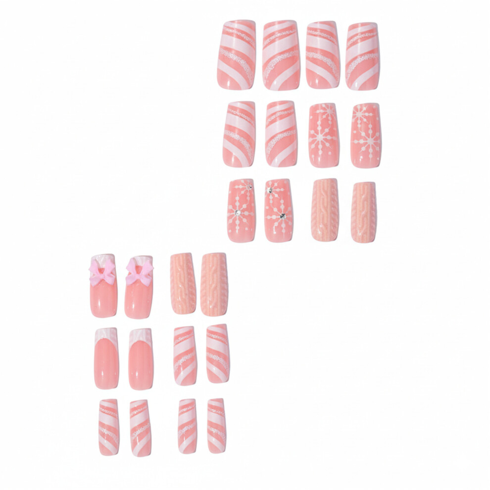 Zhouq-Outdoors 24Pcs Pink Snowflake Glitter Nails For Christmas