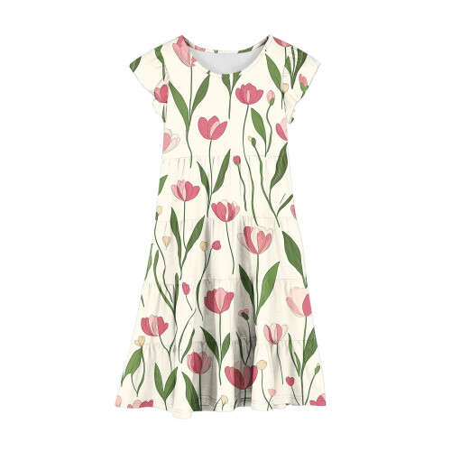 Mädchenkleid mit Blumenmuster, Volantärmeln und 2