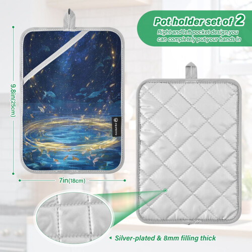 Topflappen, hitzebeständig, 2er-Pack, Design mit Nachthimmel und Fischen 2