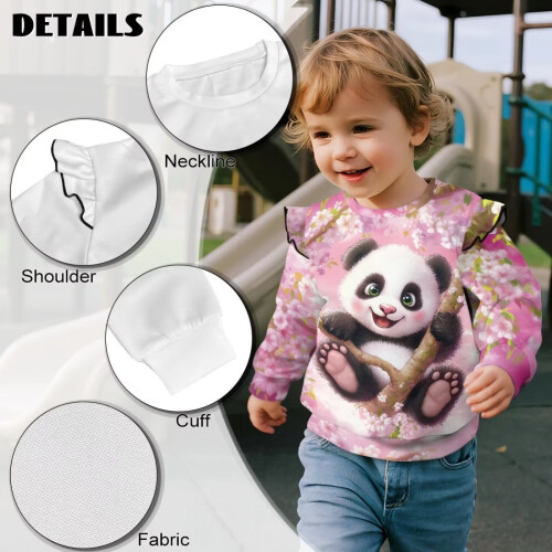 Girls' panda cherry blossom sweatshirt ruffle shoulder