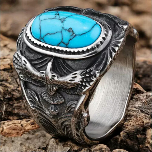 Men's Stainless Steel Eagle Ring with Turquoise Stone Size 1