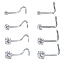 Stainless Steel Crystal Nose Stud Set L-Shaped 8 Pieces