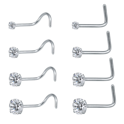Stainless Steel Crystal Nose Stud Set L-Shaped 8 Pieces