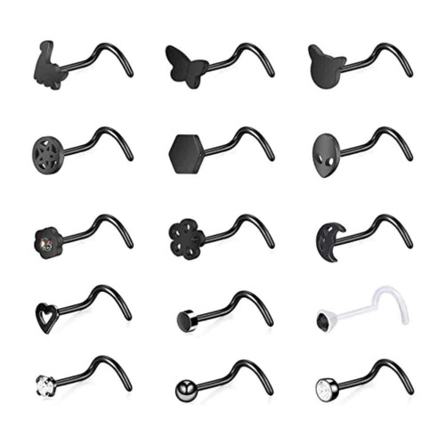 Nose Stud Set Black Plated 20G 15 Pieces