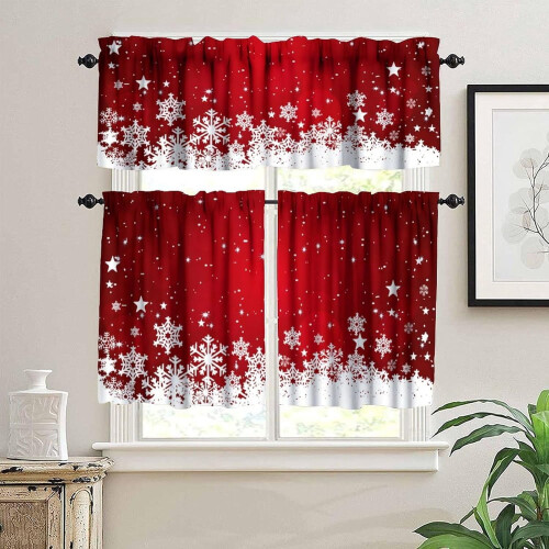 Christmas Kitchen Curtains and Valance Set Red Snowflake 2