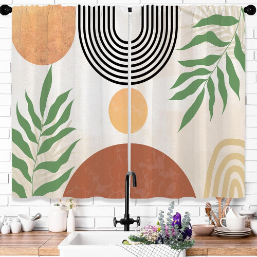 Boho Kitchen Curtains Geometric Green Leaf Design 27.5x36 1