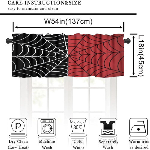 Spider Web Kitchen Curtain Valance Red Black 54x18in Rod 1