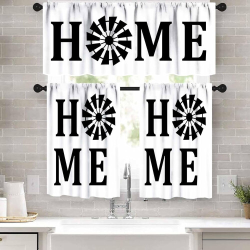 Farmhouse Kitchen Valance Set White Vintage Windmill 3-Pc 1