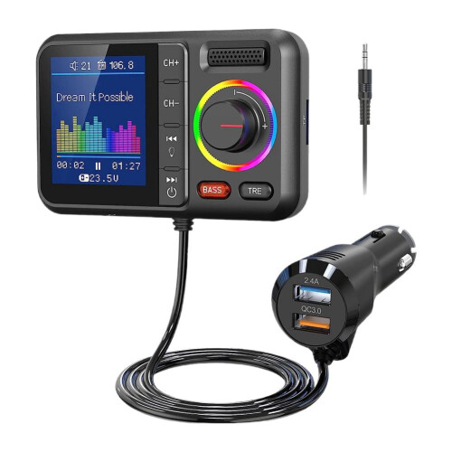 Bluetooth FM Transmitter with Bass Boost Dual USB QC3.0 Car