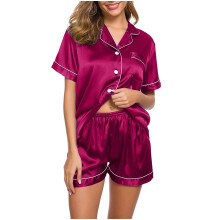 Women's Silk Pajama Set Short Sleeve Button Top and Shorts