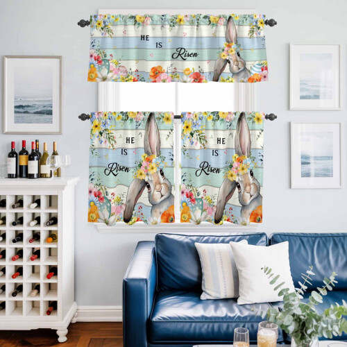 Set di tende da cucina pasquali con coniglietto "È risorto" (giallo) 1